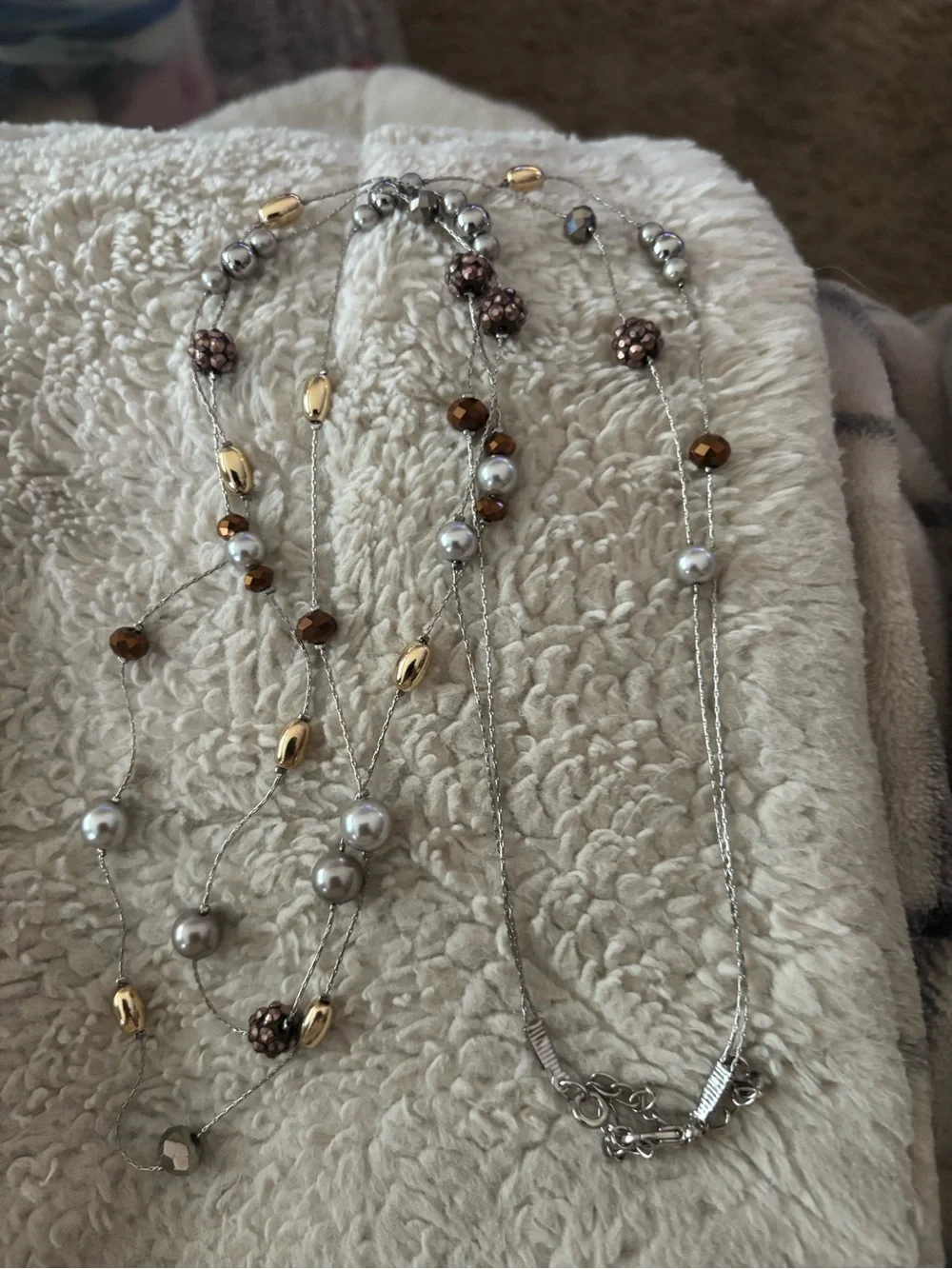 Multi-Strand Silver Necklace with Pearl and Gold Accents